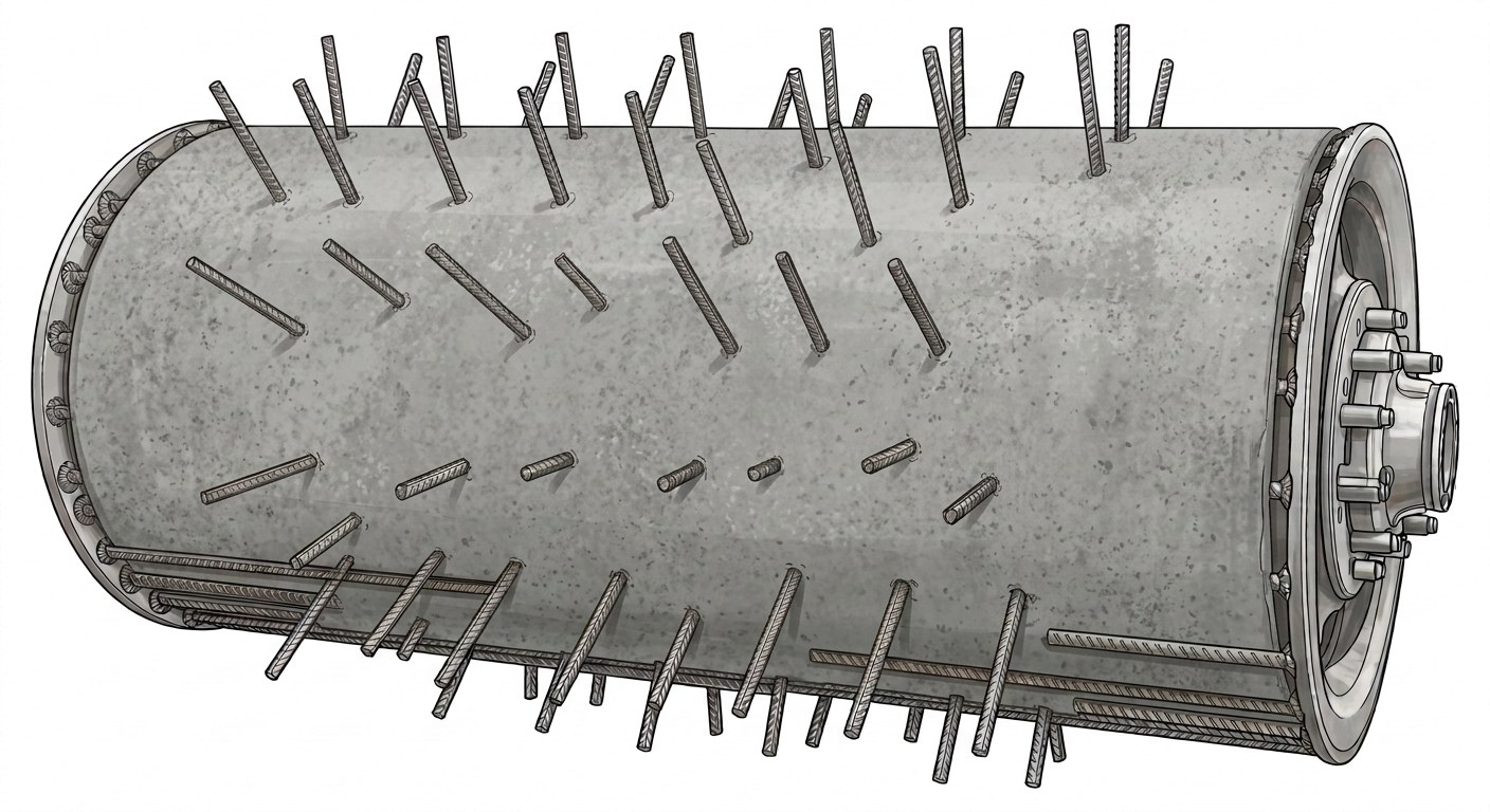 Concrete core packed into the drum with spikes protruding