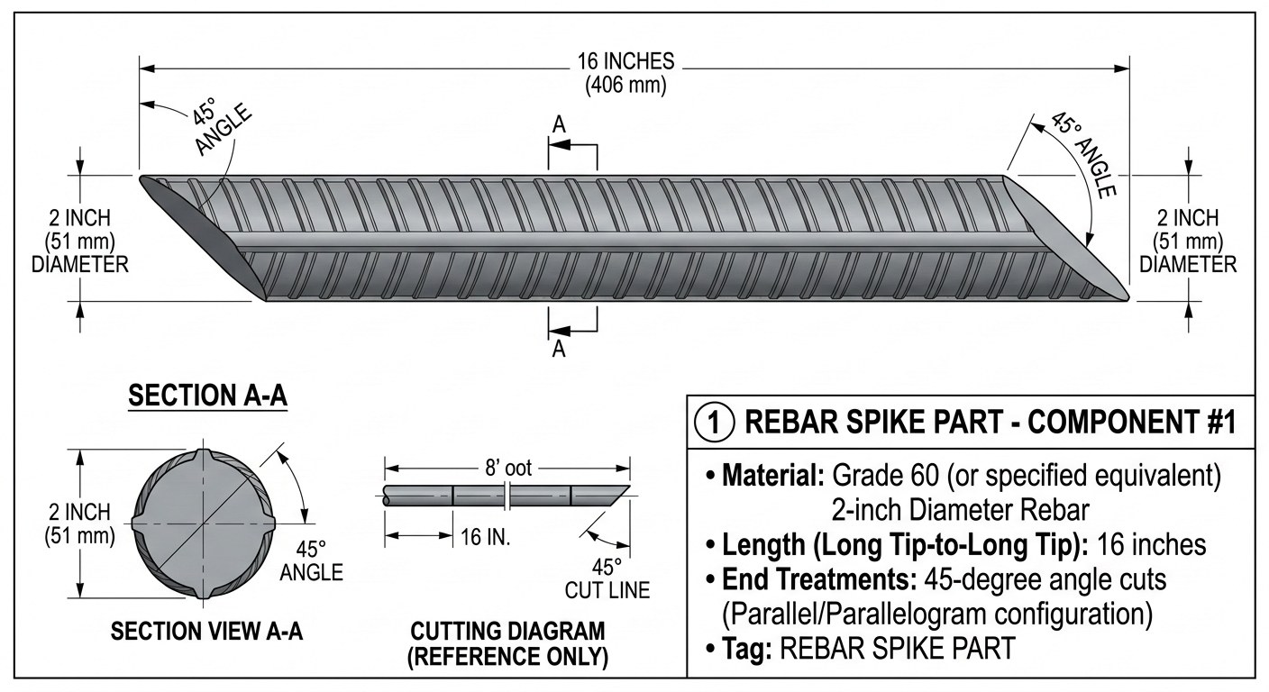 Dimensioned drawing of a single rebar spike